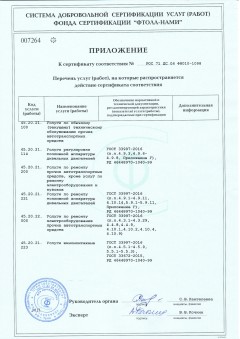 Приложение 007264 к сертификату ФН010-1098 — сервисные работы